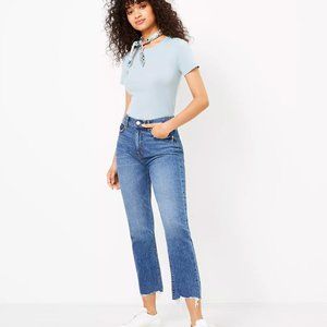 Petite Distressed Hem High Rise Straight Crop Jean